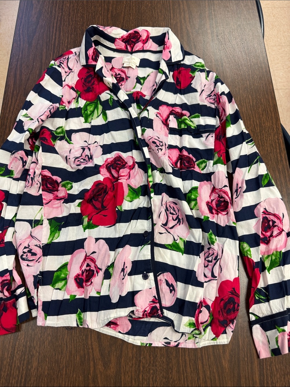 kate spade Navy & White Striped Shirt with Pink & Red Rose Print